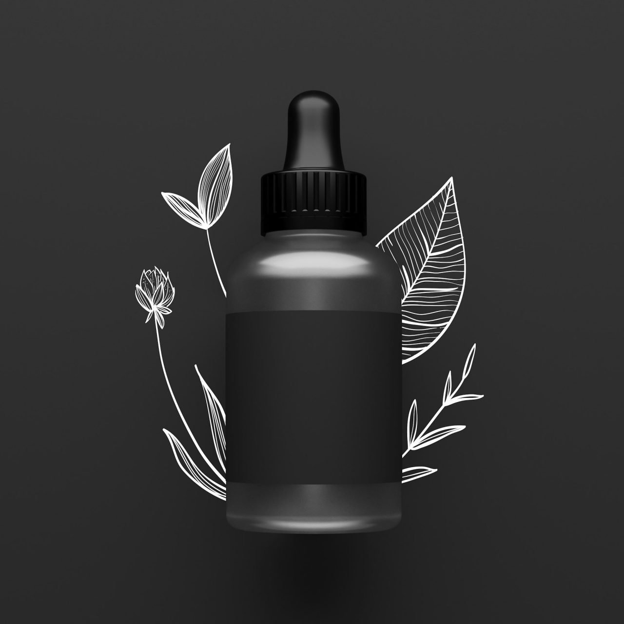 black bottle modern design eye dropper with painted leaves background 3d illustration.jpg